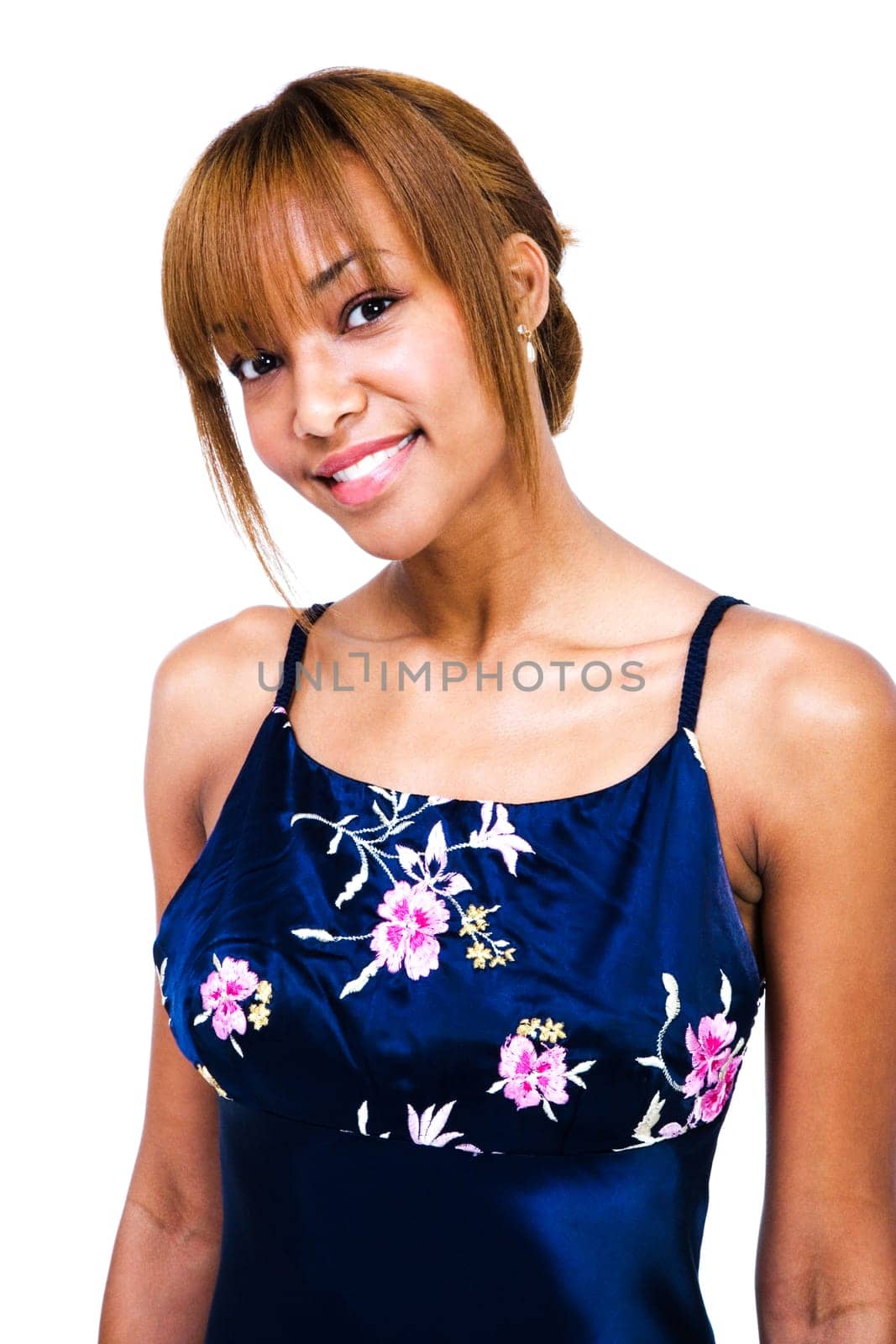 Mixed race young woman smiling isolated over white