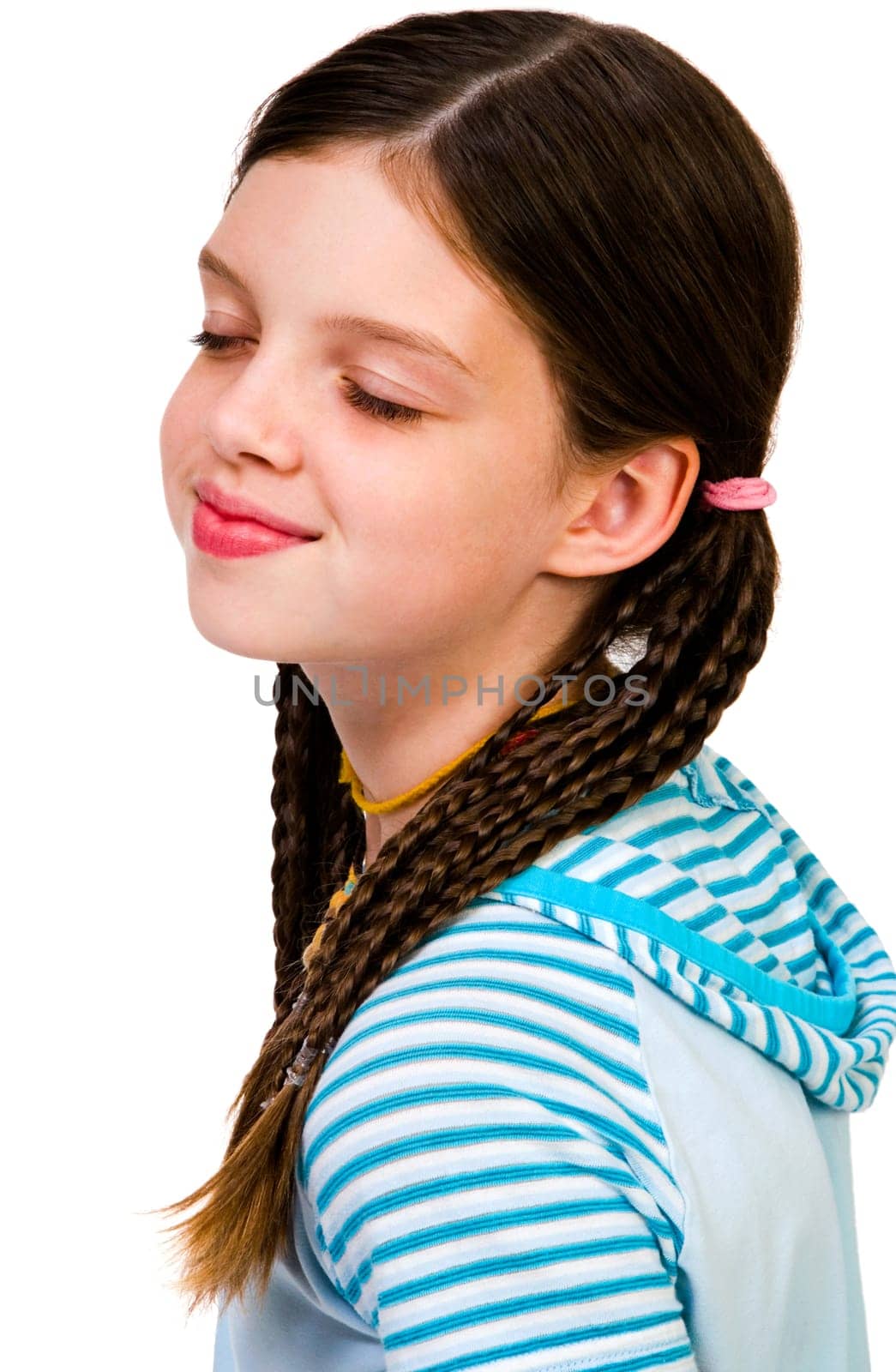 Smiling girl day dreaming isolated over white