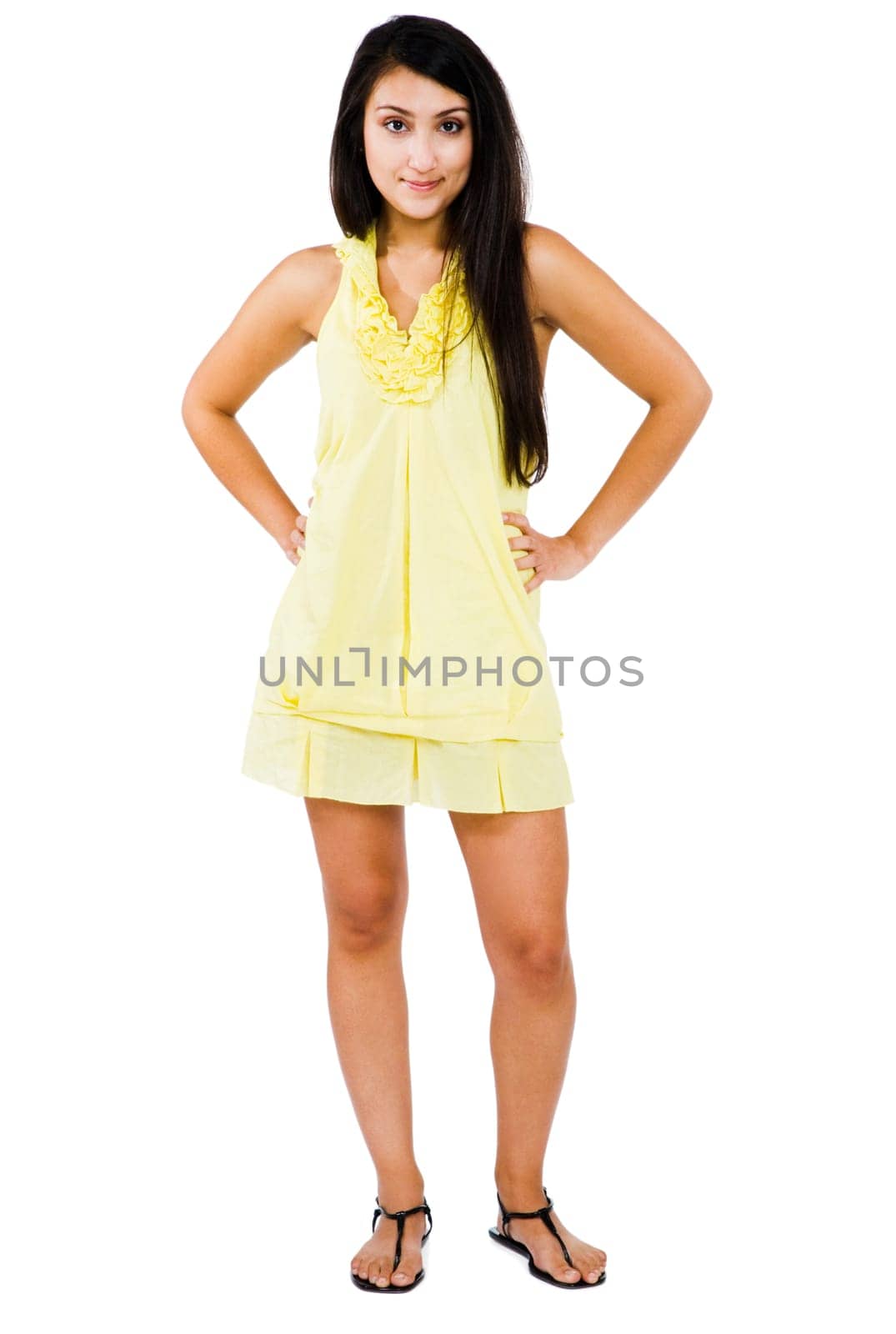 Portrait of a young woman smiling and posing isolated over white