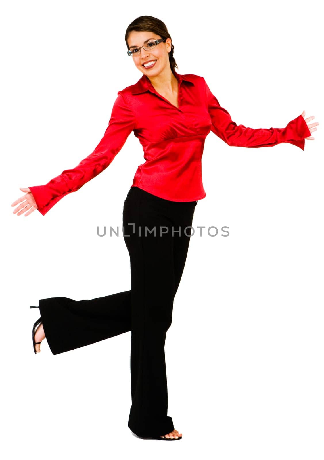 Portrait of a mid adult woman smiling and posing isolated over white