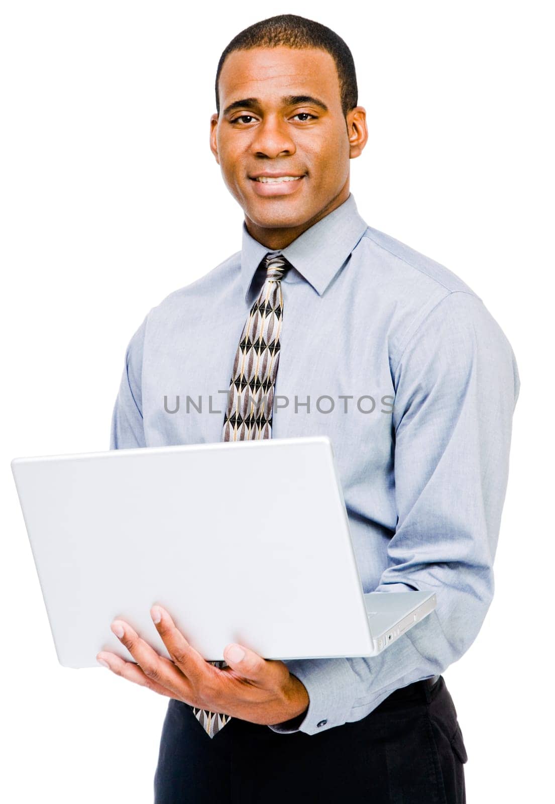 African American businessman using a laptop and posing isolated over white