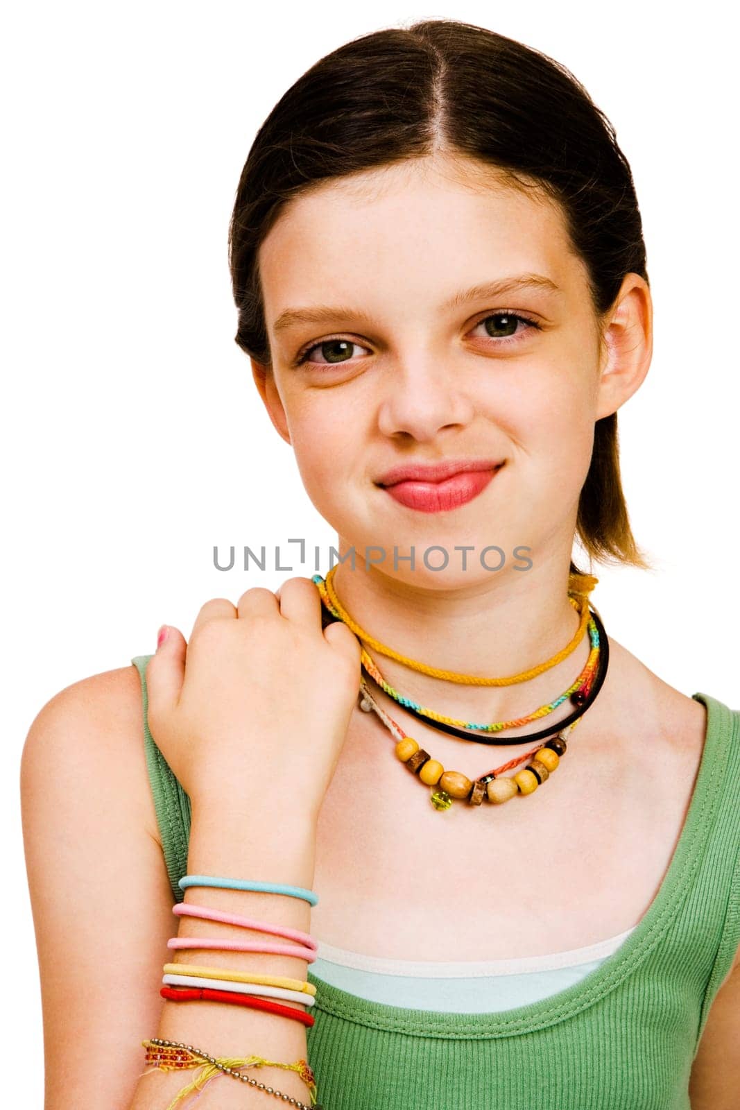 Caucasian girl smiling and posing isolated over white