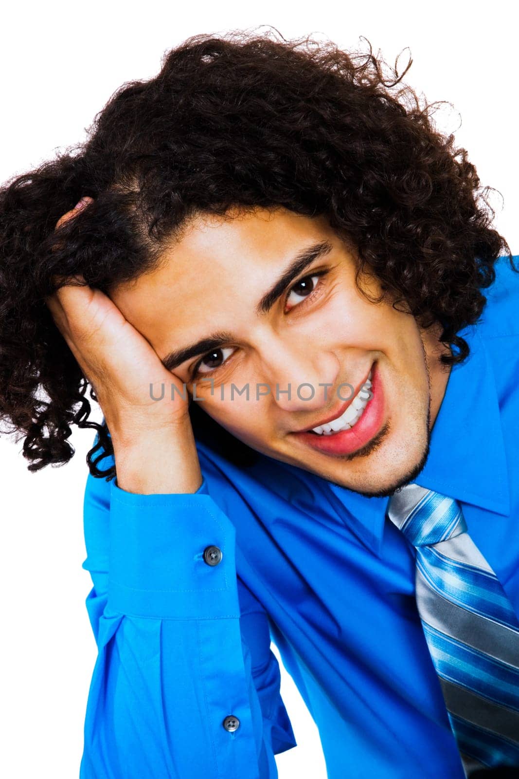 Happy businessman posing isolated over white