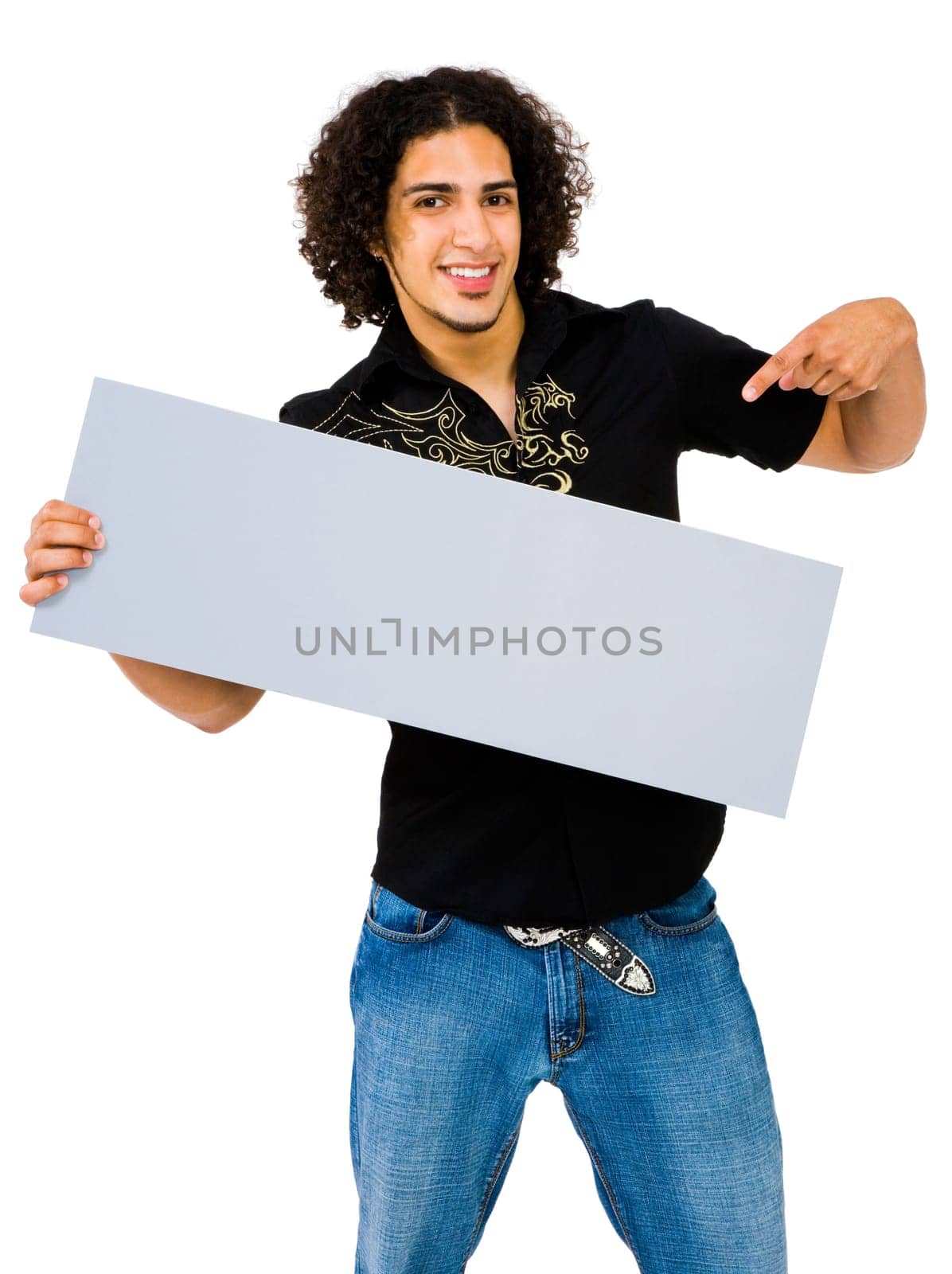 Latin American man showing an empty placard isolated over white