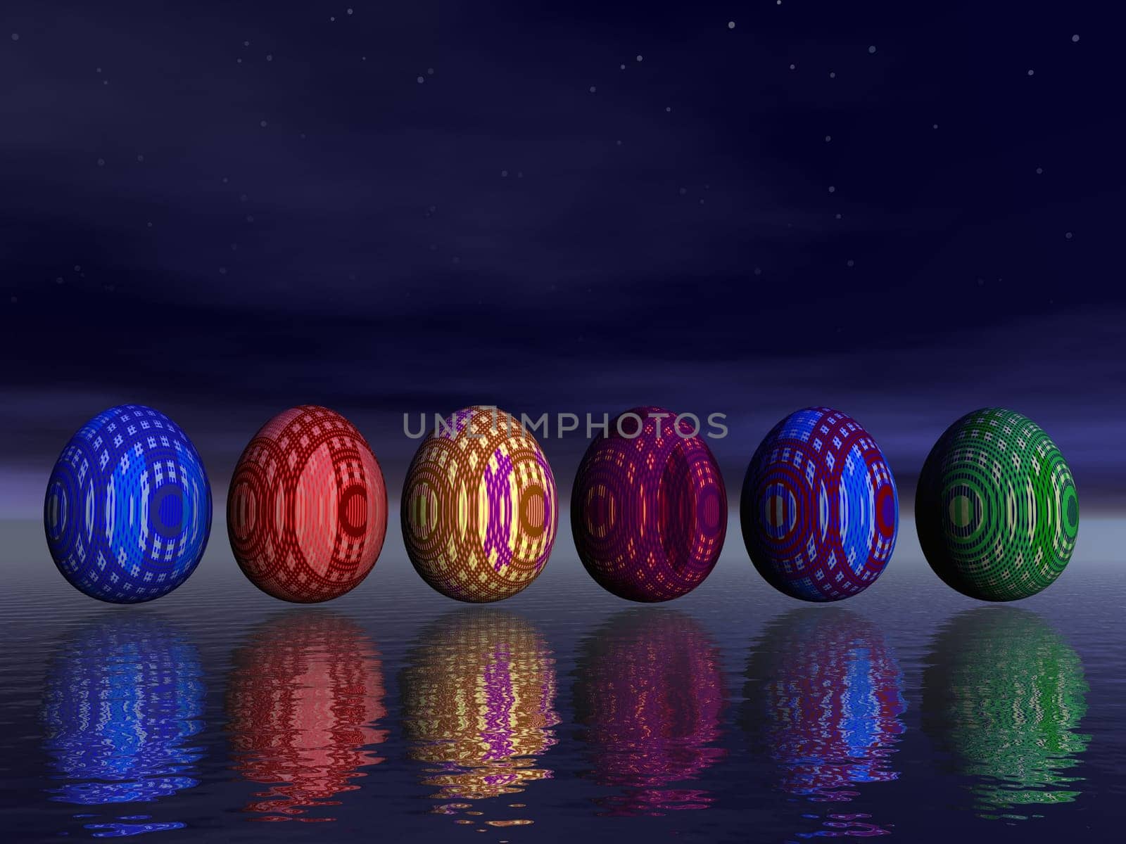 Six colored eggs upon water by a beautiful night with stars