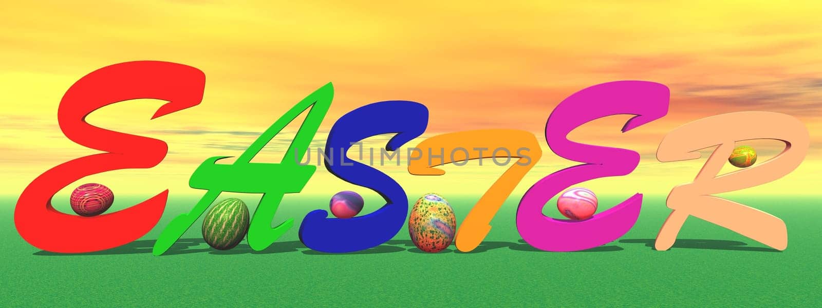 Six colored eggs all around easter letters in the grass and with orange sky