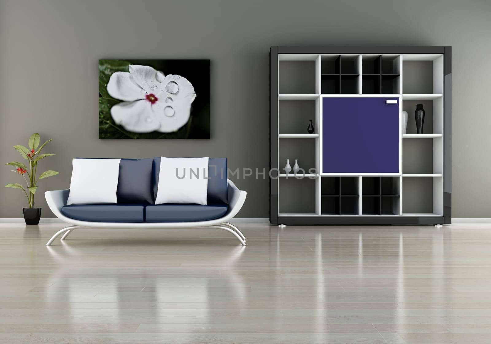modern interior (3D render) -  Sofa With Bookshelf