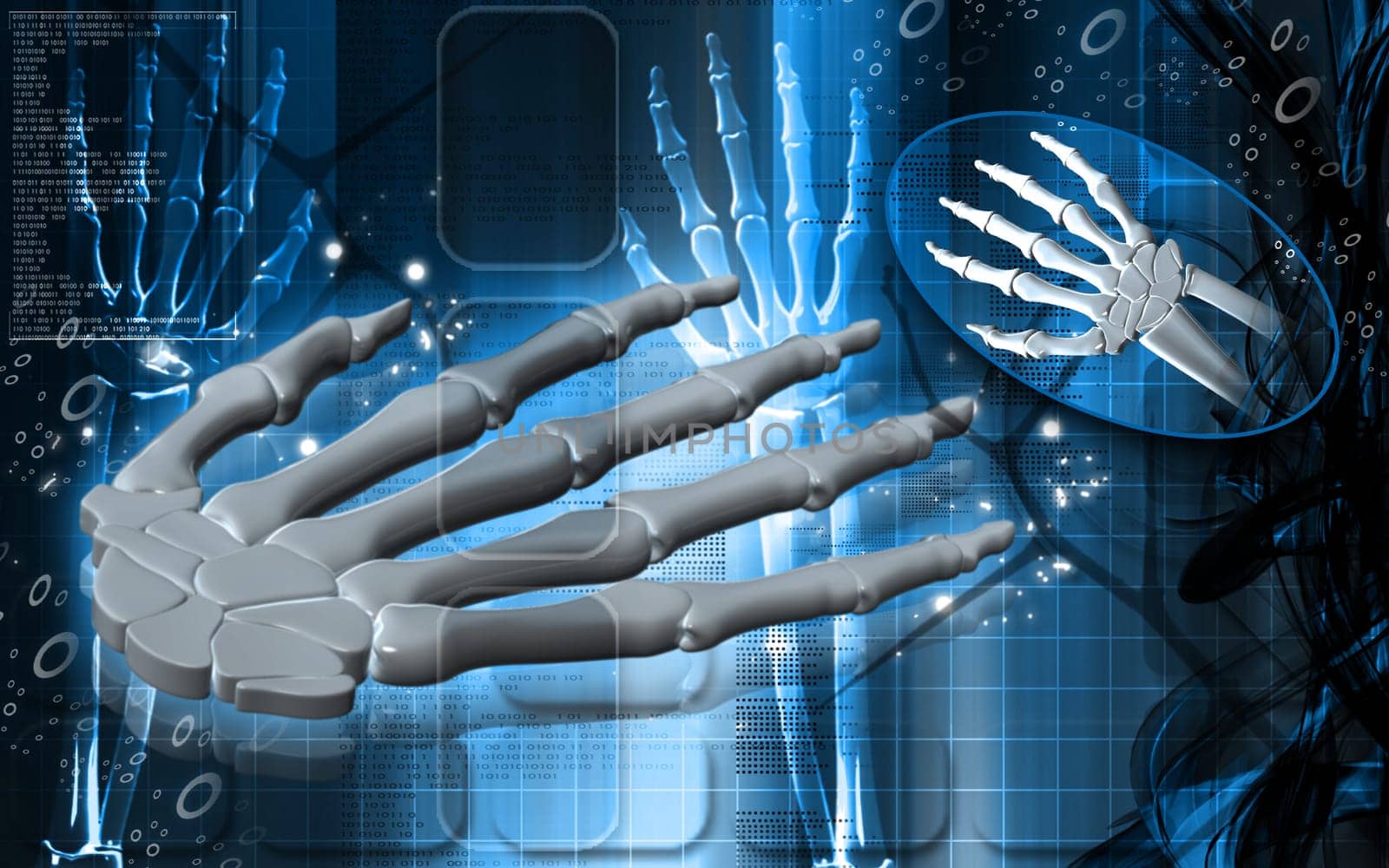 Digital illustration of hand bone in colour background