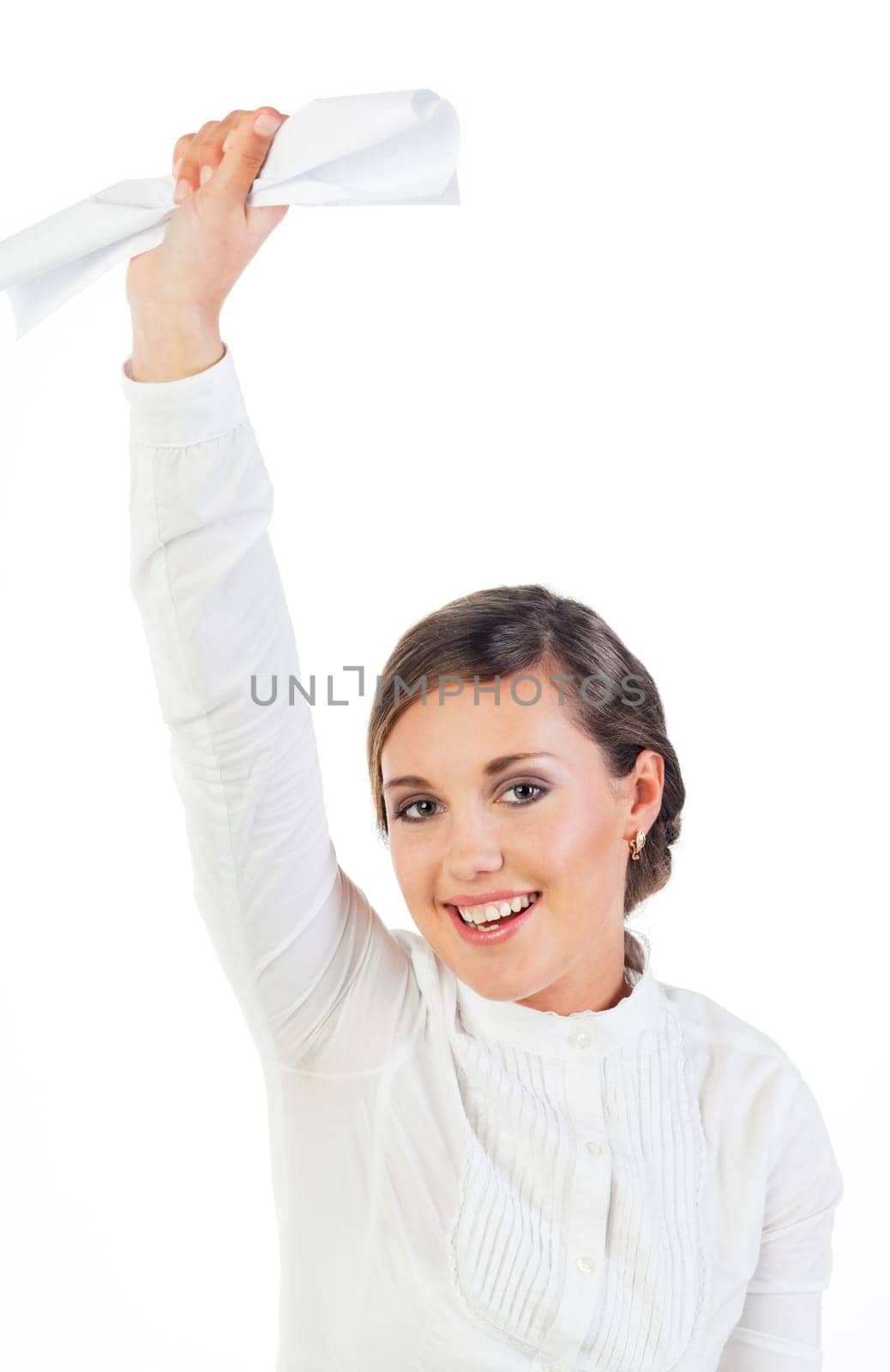 Happy young businesswoman raises her hand with a document