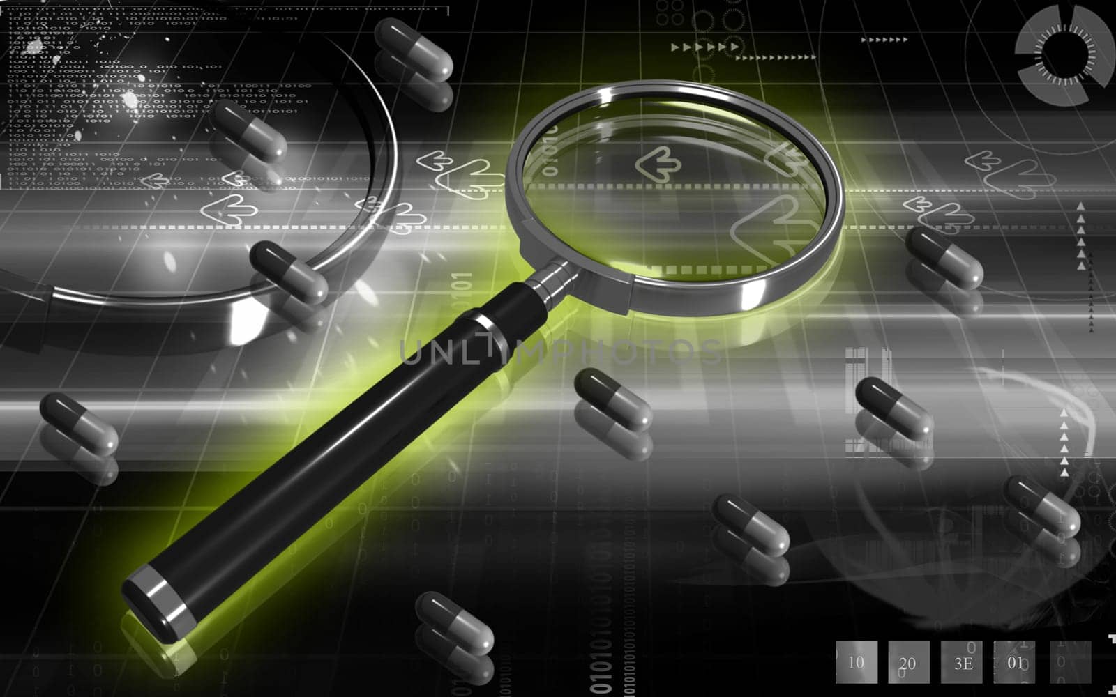 Digital illustration of a magnifying glass in colour background