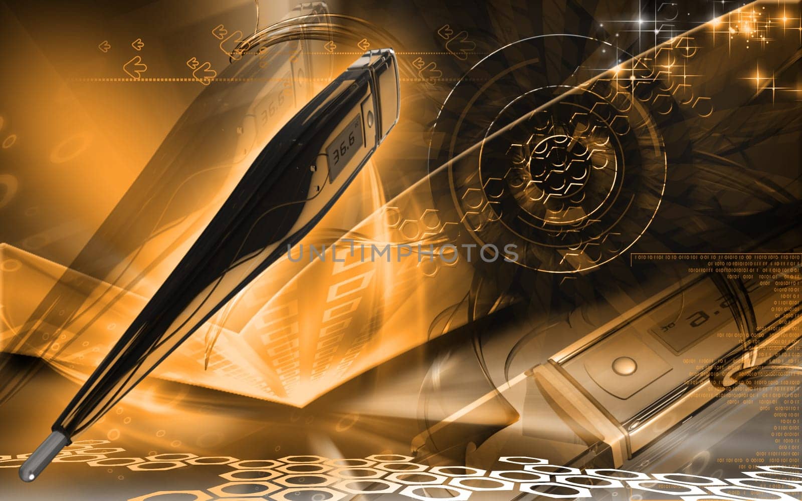 Digital illustration of thermometer in colour background