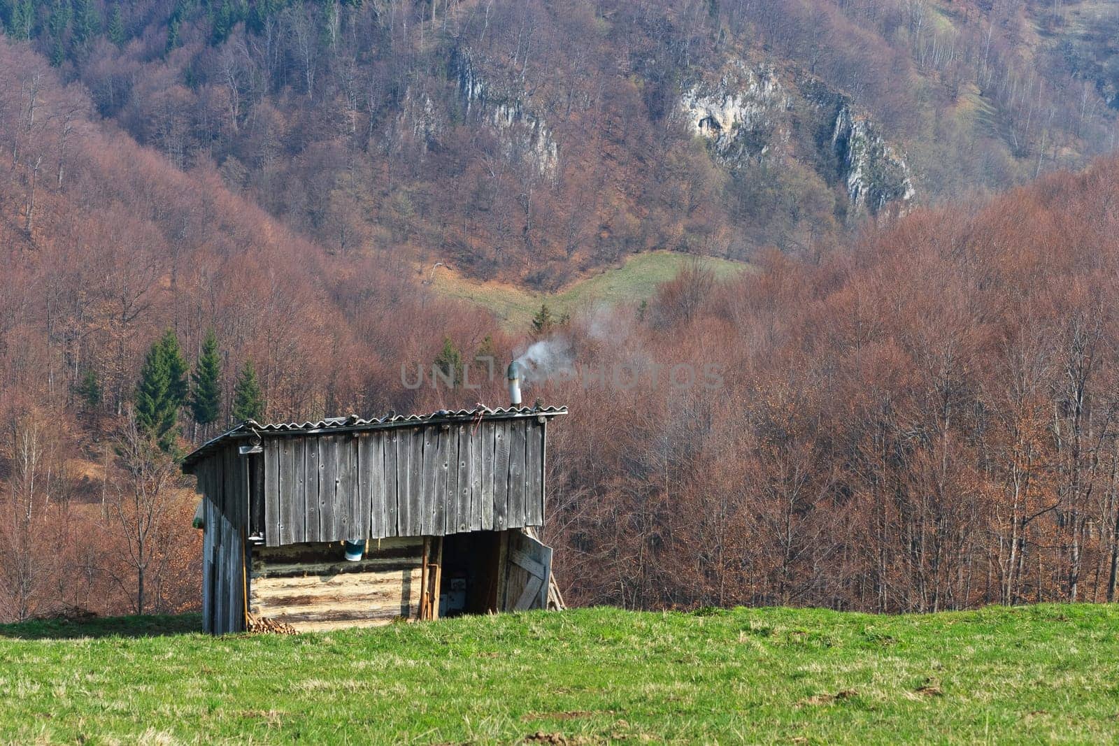 a rustic house on a green field