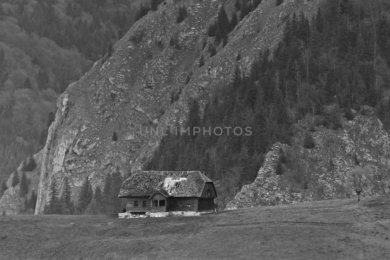an old abandoned house near a mountain