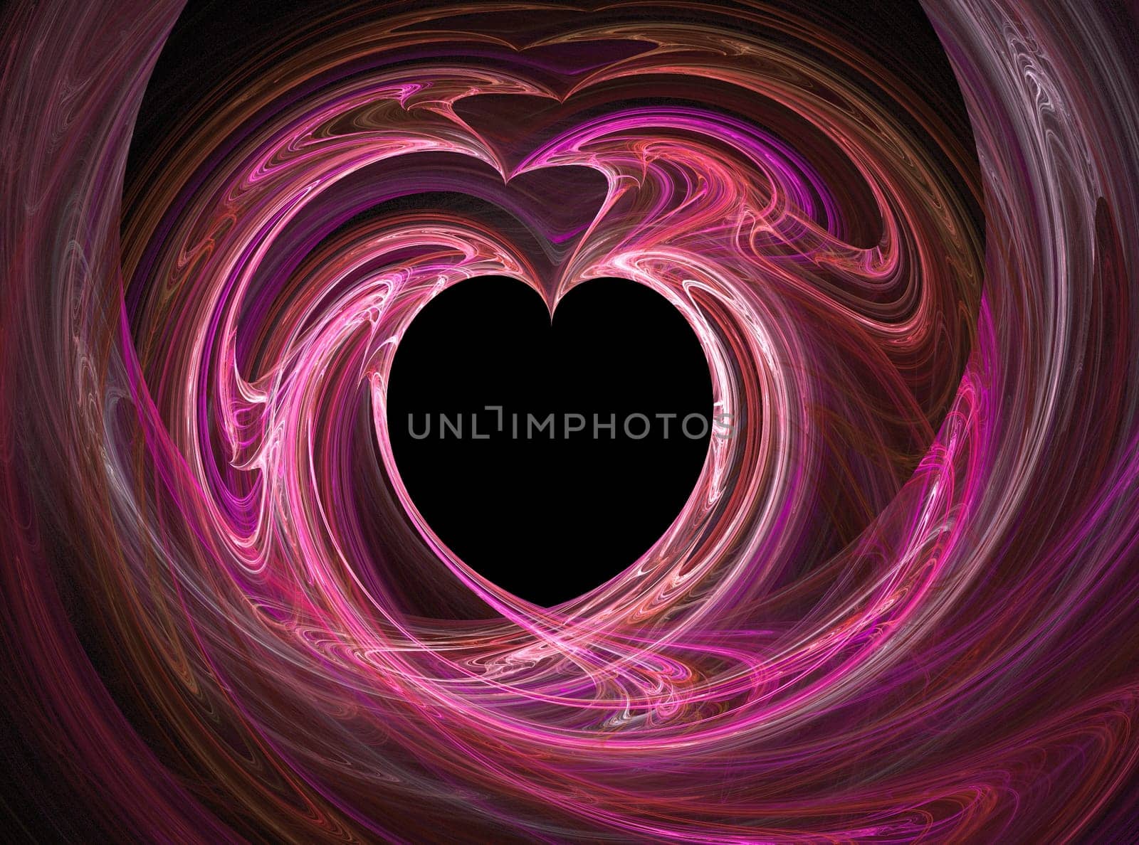 A black heart surrounded by swirls of pink and purple.