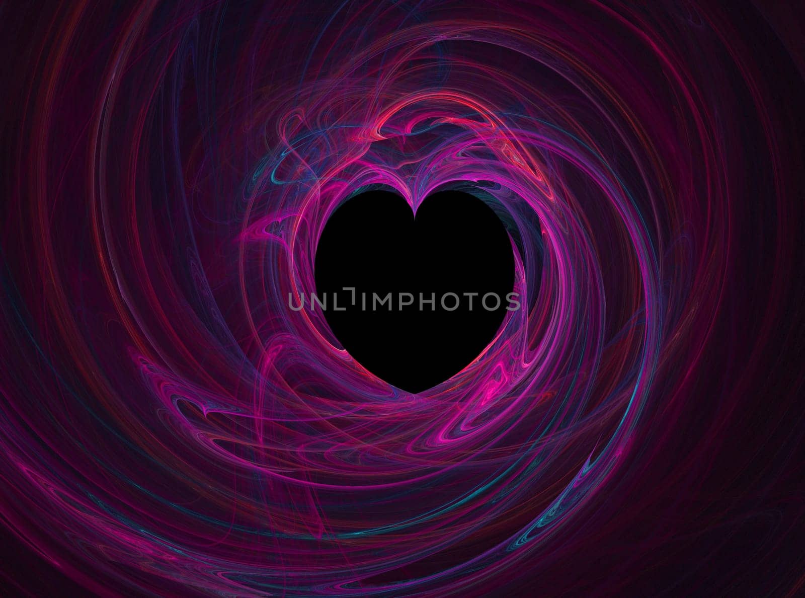 Black heart with multicolored swirls of pink, blue,  and purple