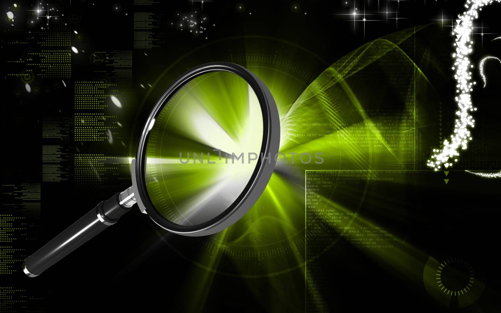 Digital illustration of a magnifying glass in colour background