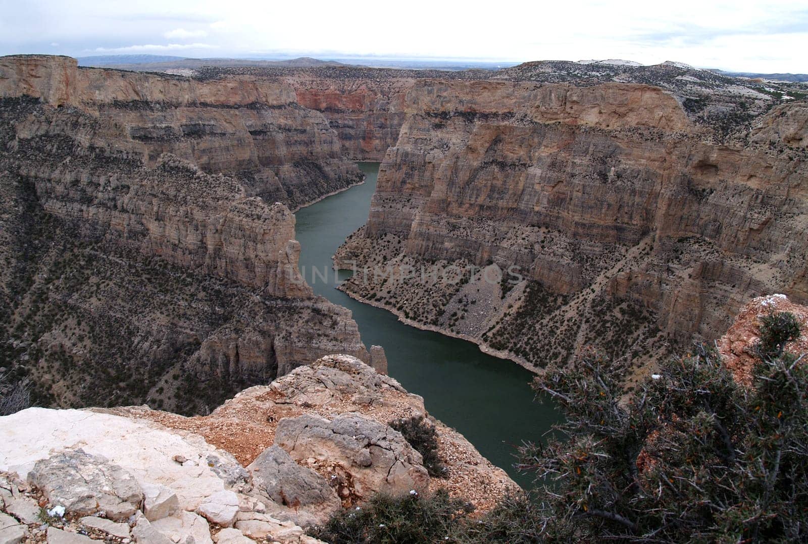 Devil Canyon overlook at Bighorn Canyon National Recreation Area that stretches from Montana to Wyoming between the Pryor Mountain Range and the Bighorn mountains inside the Crow Indian Reservation.
