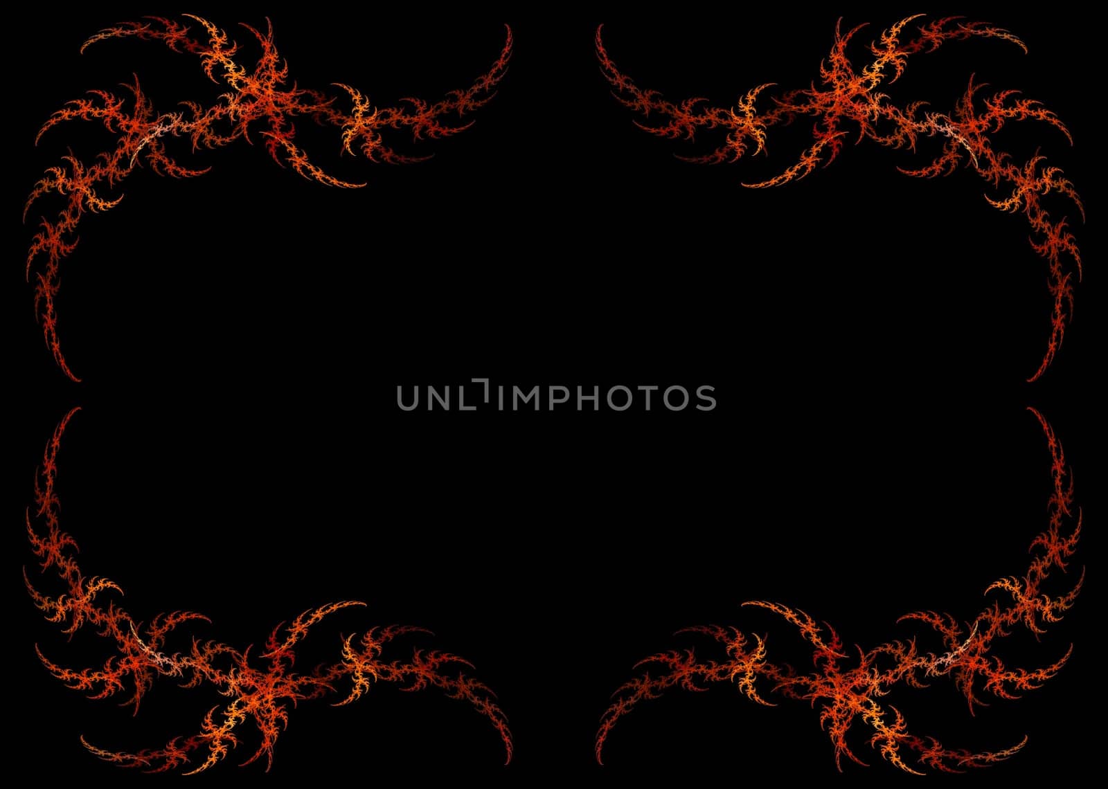 Fiery red and orange fractal frame or border with black copy space.