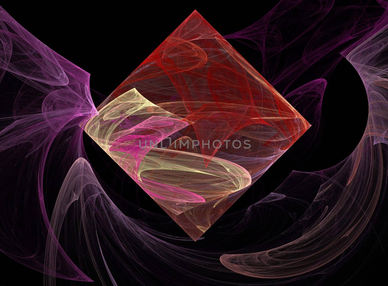 Pink, red, and beige fractal square or diamond floating in smoky waves of lavender on a black background.