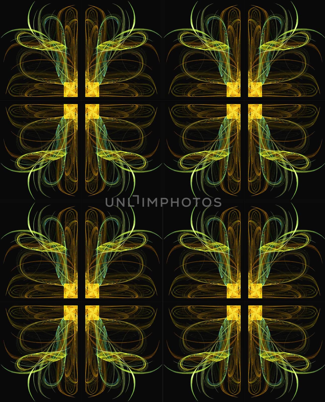 Seamless wallpaper, textile pattern or background in yellows, golds and browns on a black background.