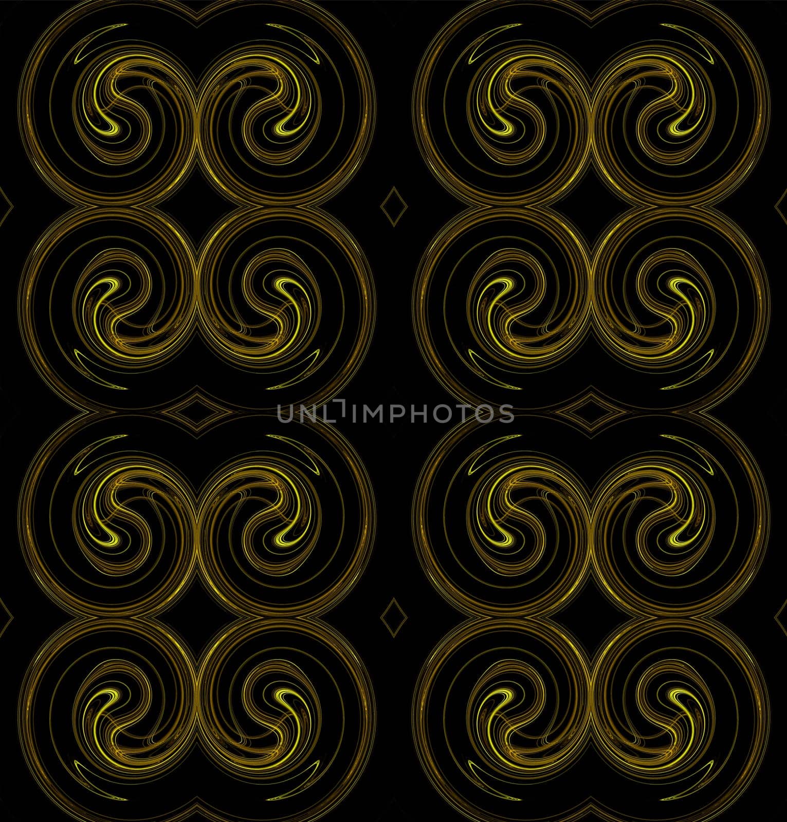 Seamless continuous background, textile pattern or wallpaper in yellow and brown on a black background that looks like rams horns.