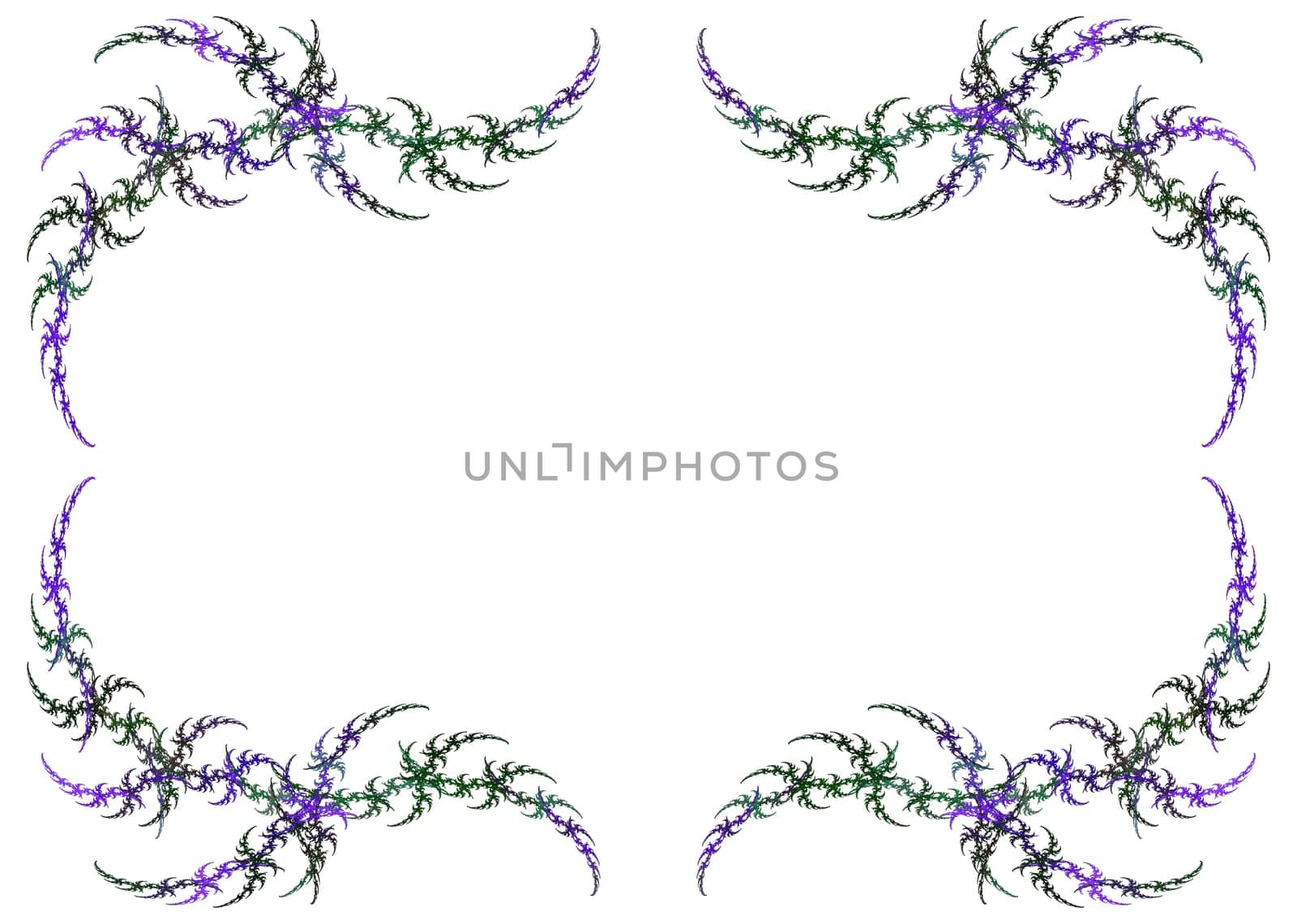 Mardi Gras colored fractal frame with green and purple over a white copy space.