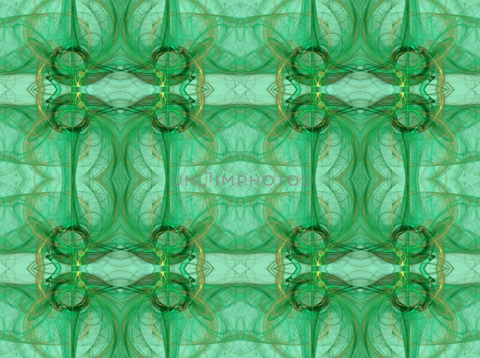 Seamless abstract fractal wallpaper, textile pattern or background, in green, mint green and gold or tan.