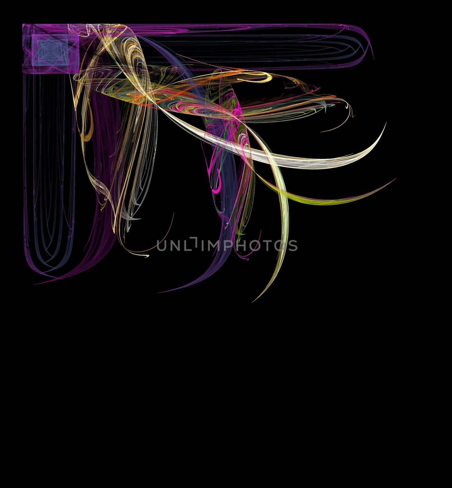 Multi-colored fractal corner design with black copy space, and designs that look like ribbons, fabric and a jewel.