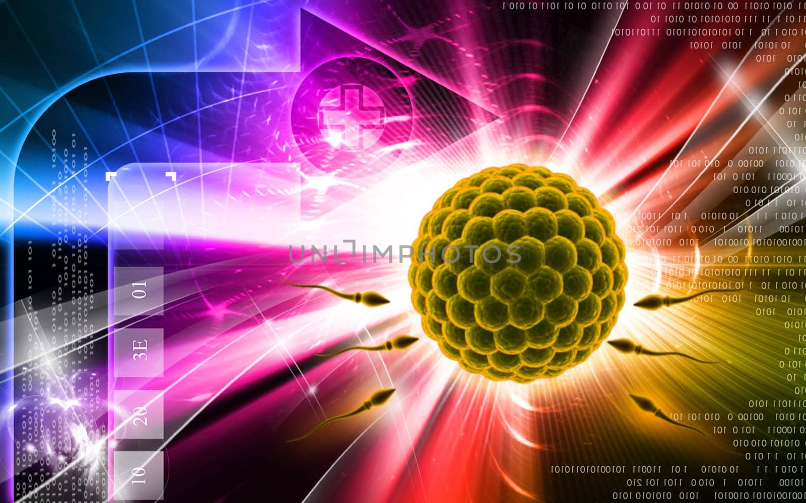 Digital illustration of Sperm and Egg in colour background
