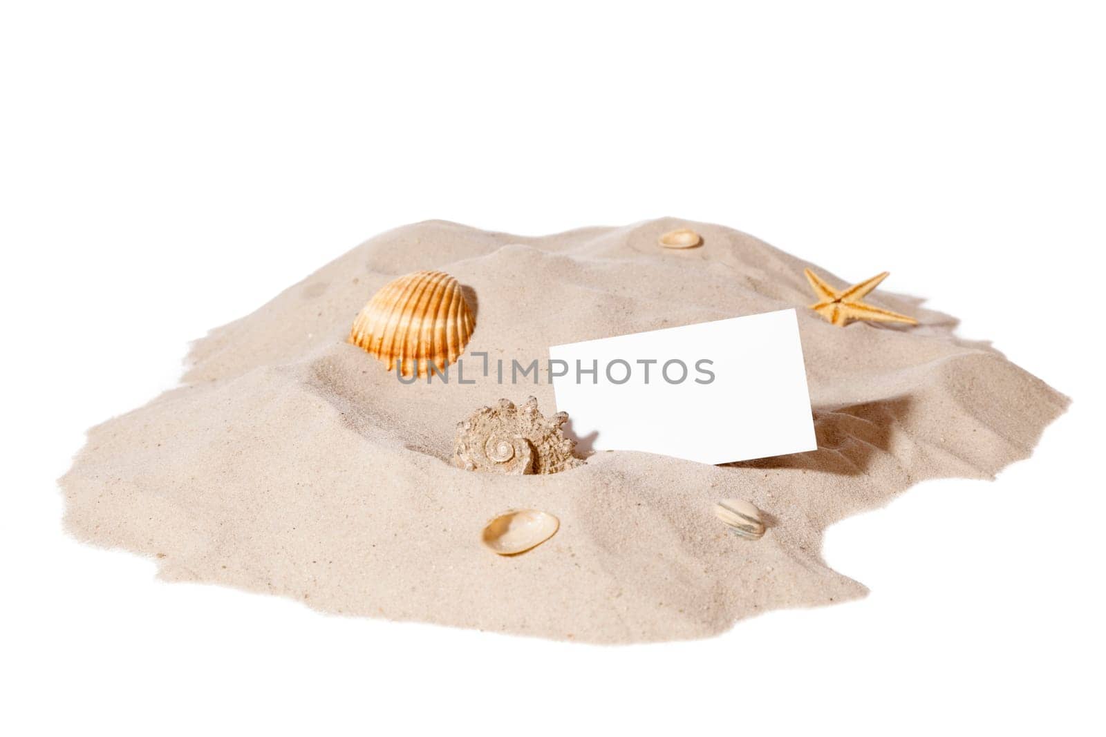 beach concept with seashell ,starfish and a blank card with copy-space.Focus on card