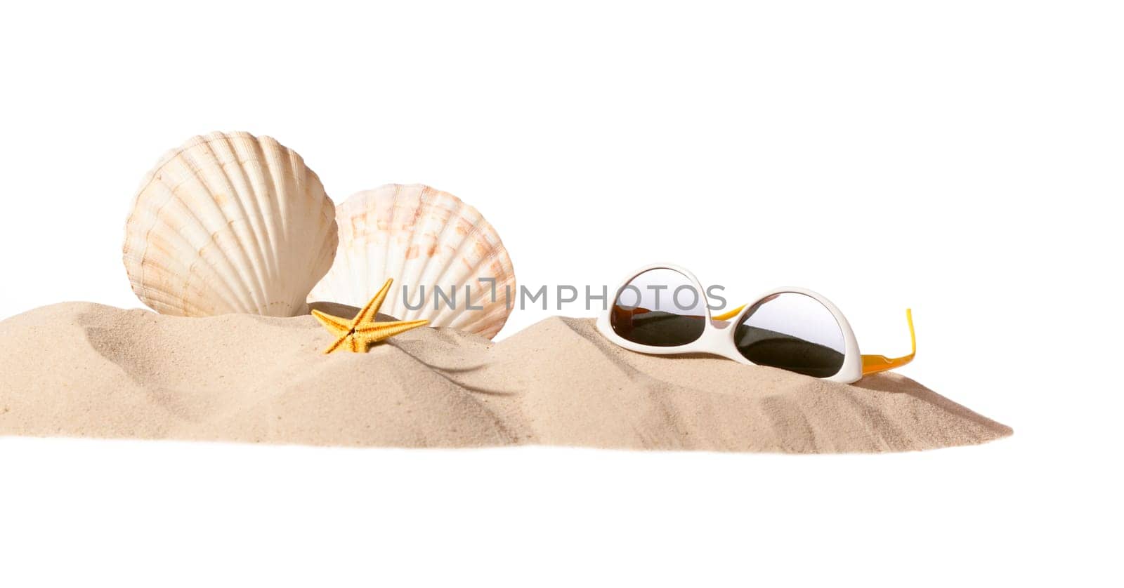 shell and sunglasses on beach, isolated on a white background,with a lot of copy-space