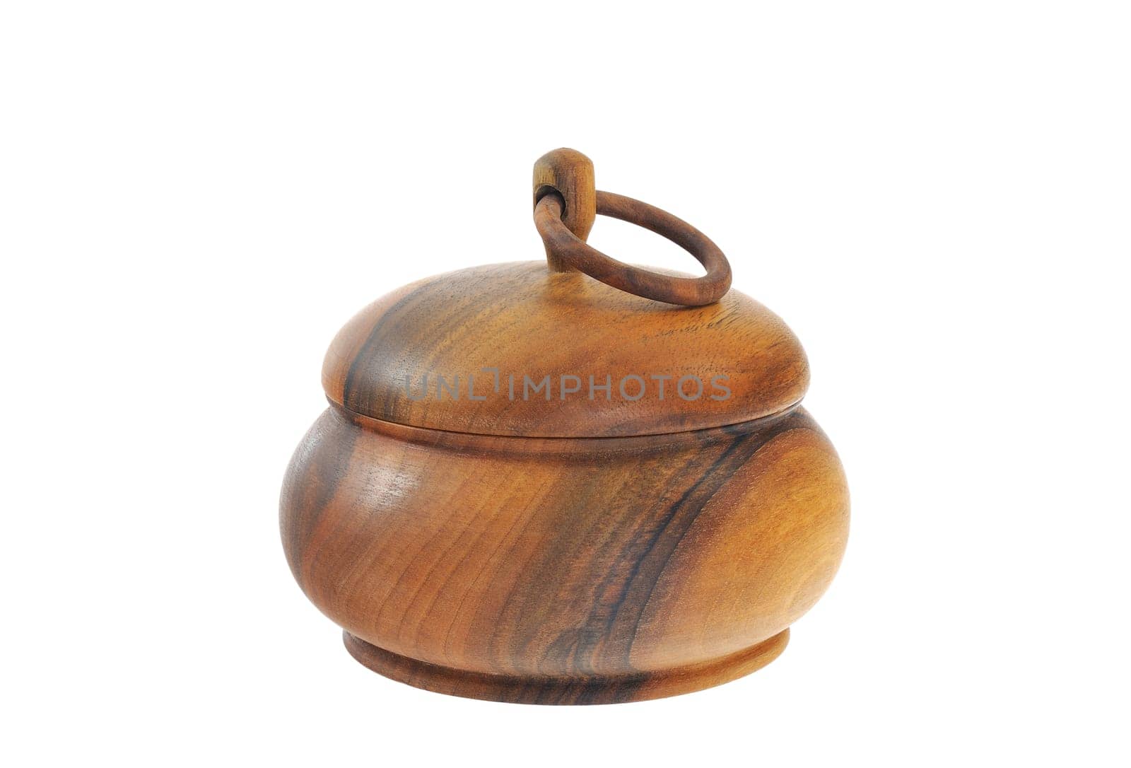 Old wooden sugar bowl isolated on white