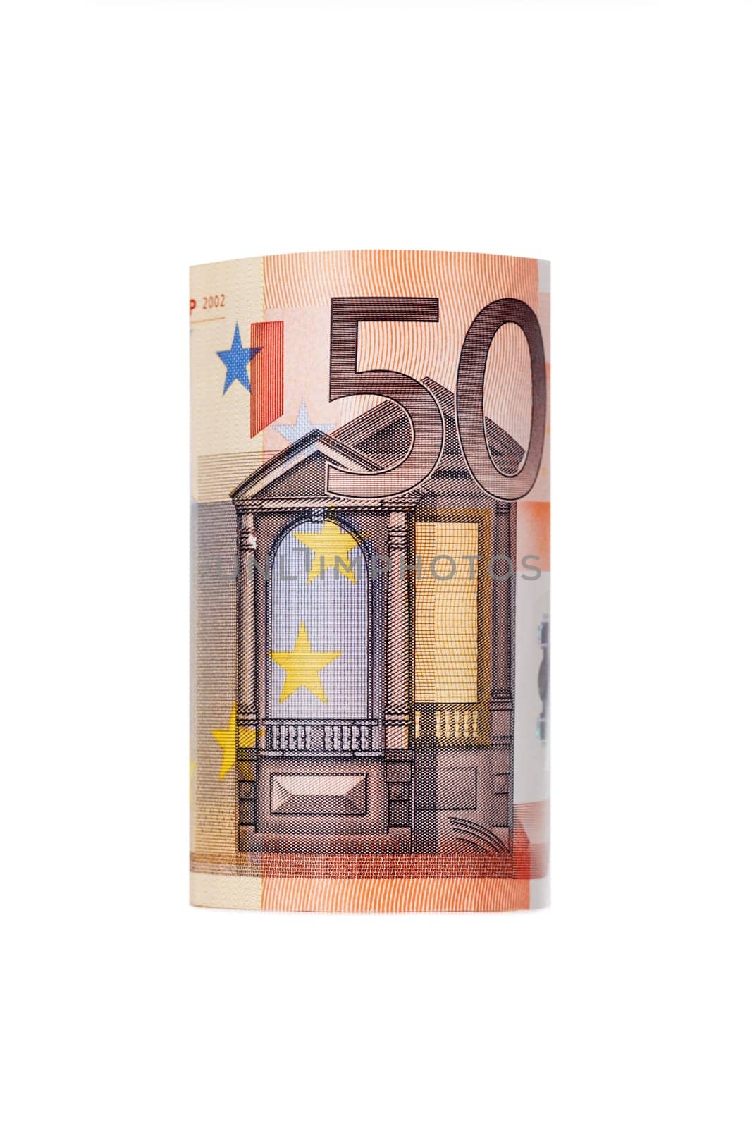 Rolled up fifty euro isolated on white Background