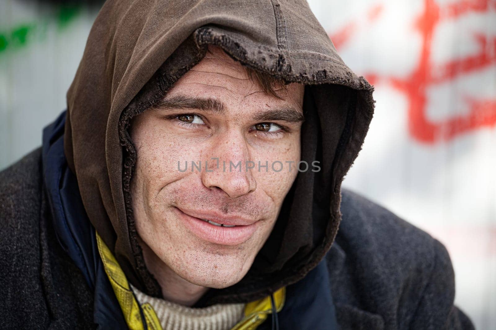 Homeless man friendly with a smile