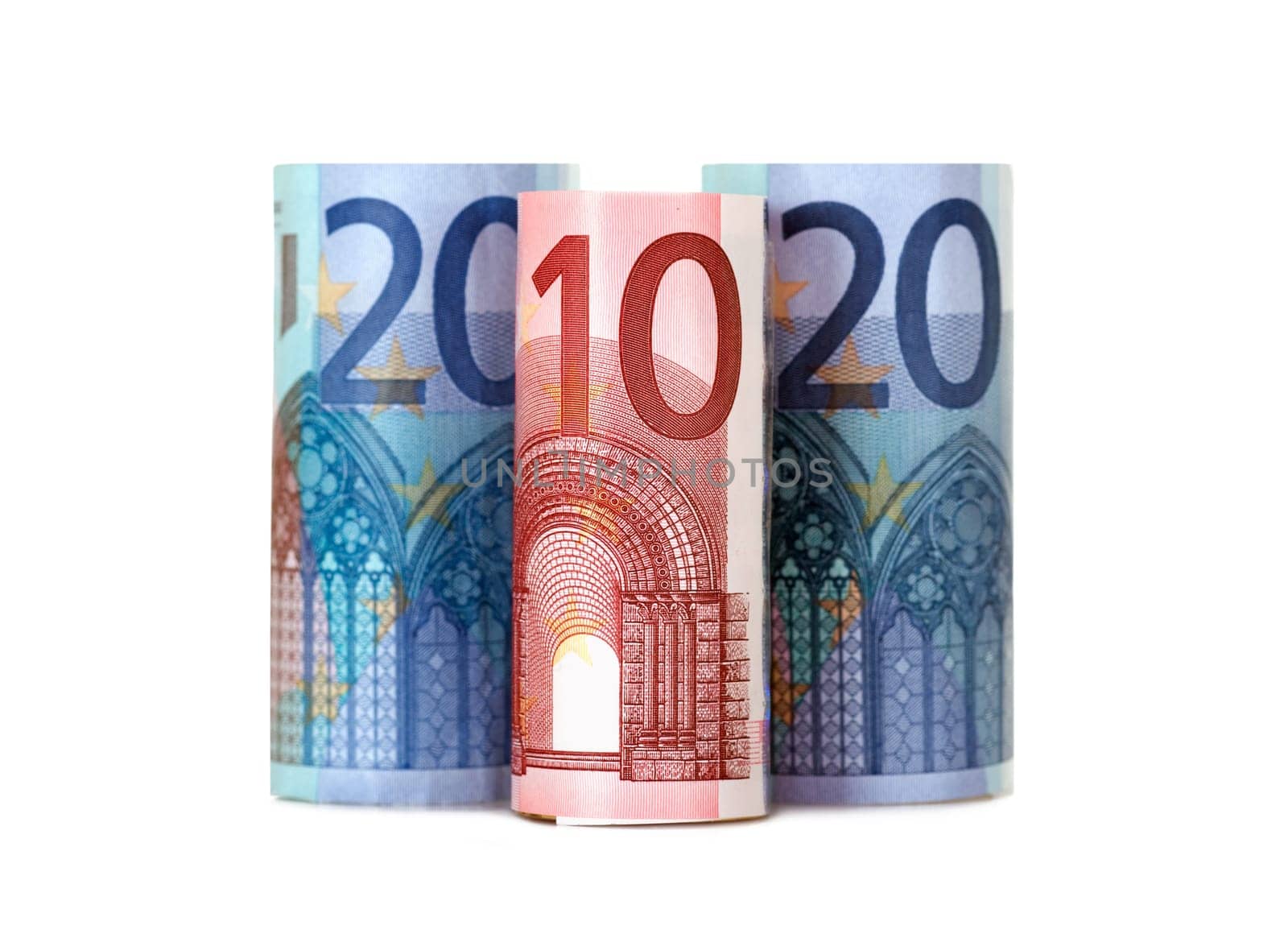 Rolled up fifty euro isolated on white Background