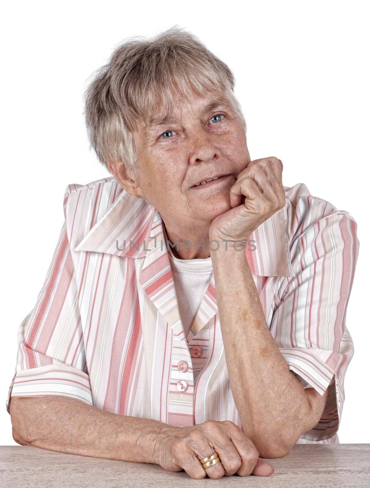 Great Grandmother with Hand On Chin portrait on white background