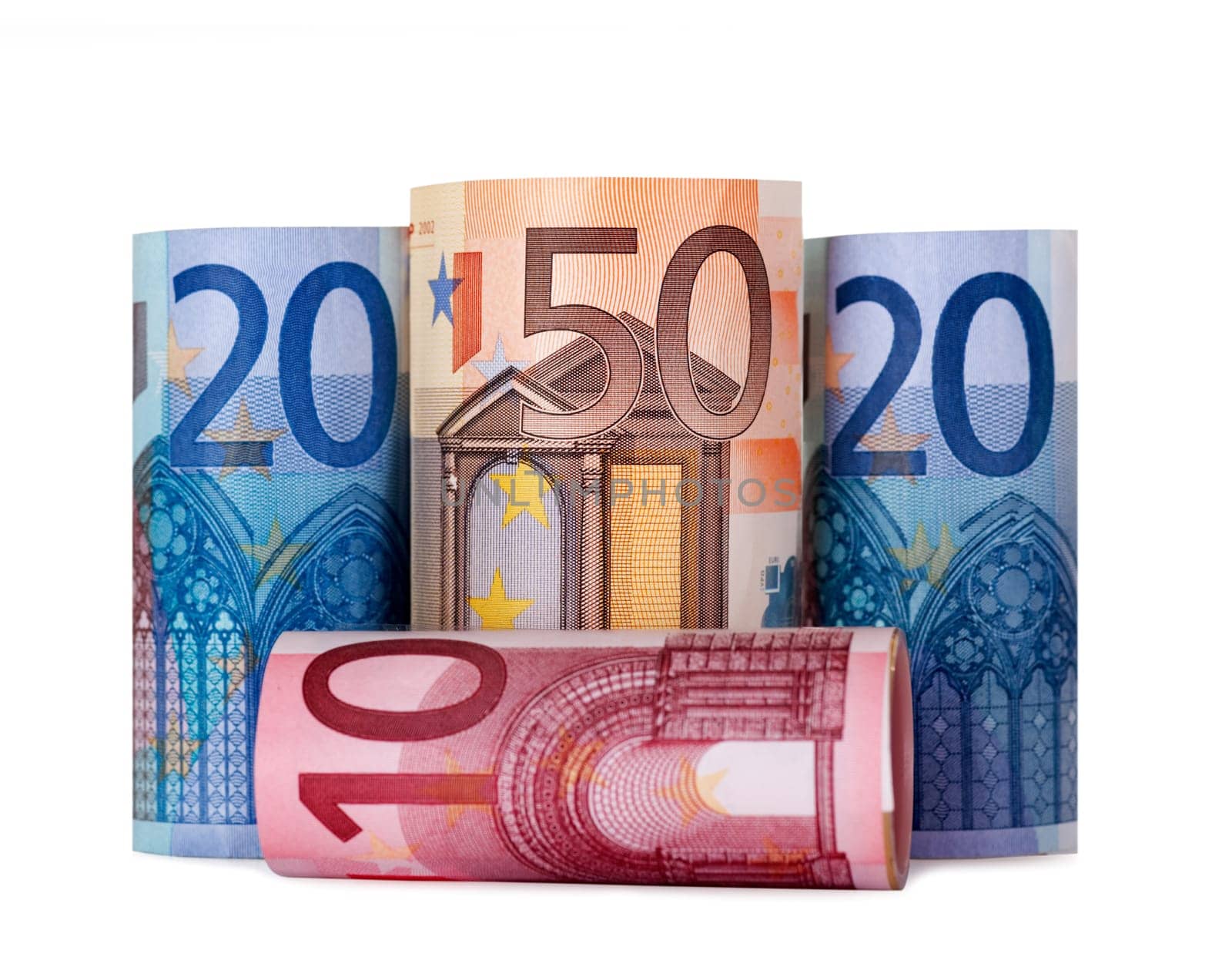 Rolled up hundred euro isolated on white Background