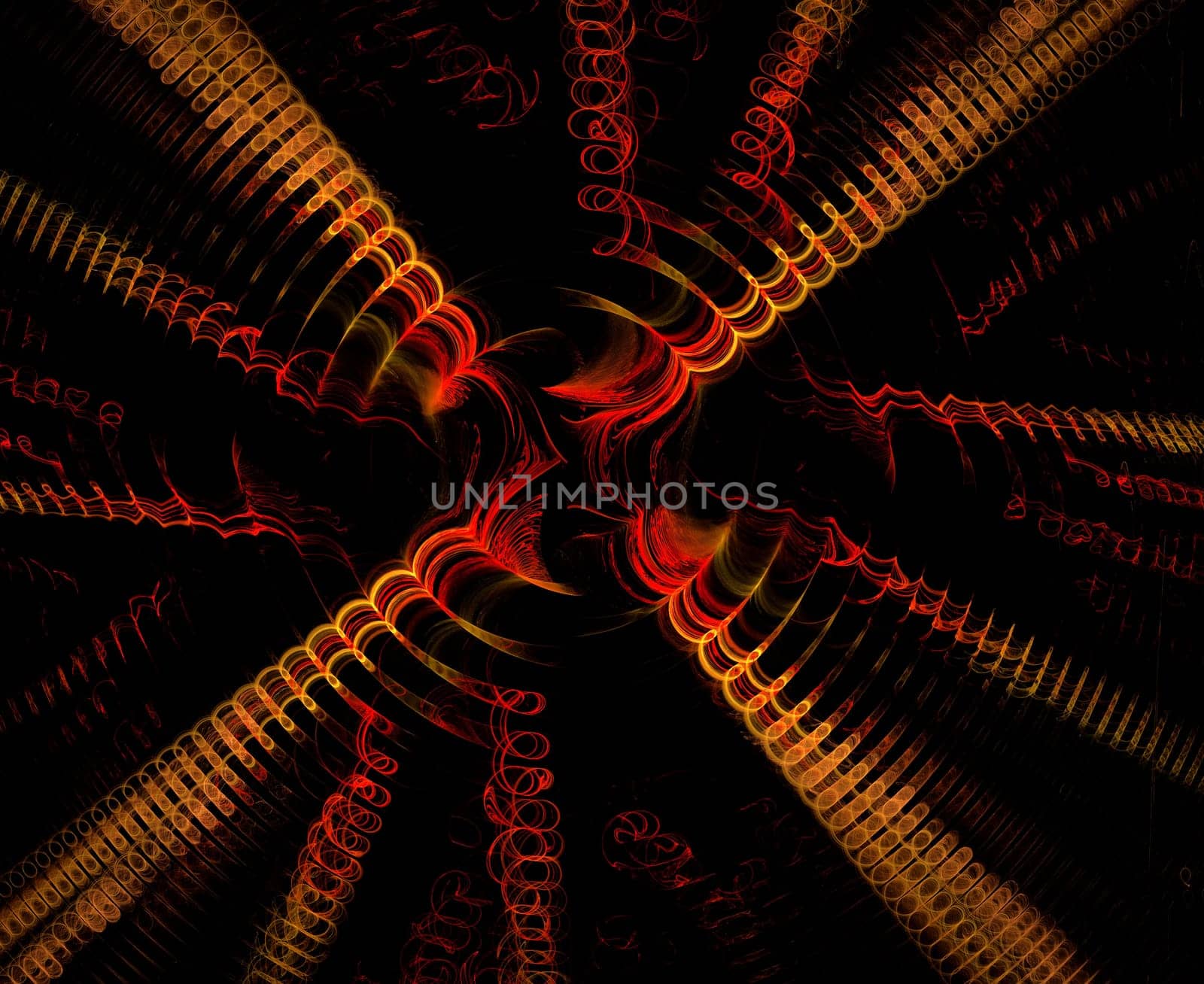 Fractal spiraling out of control in yellow and red.