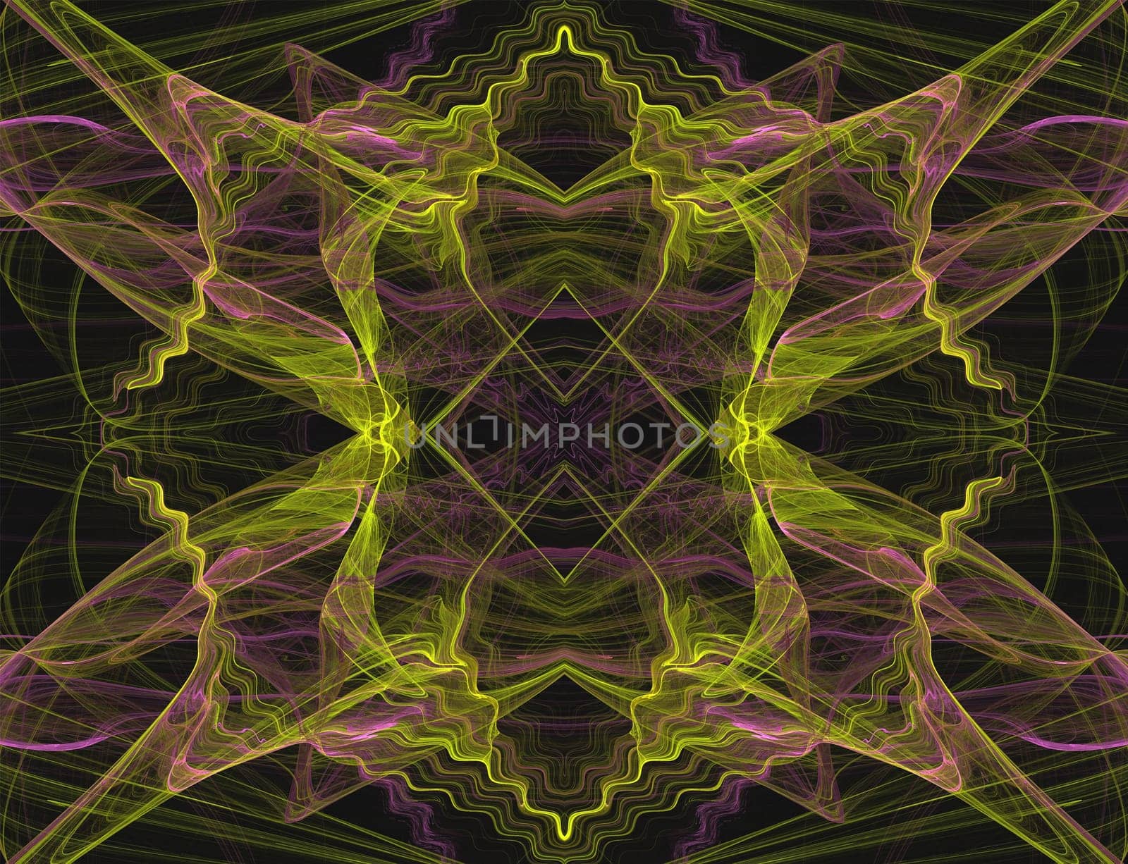 Continuous textile pattern or background in yellow and pink with a black background.