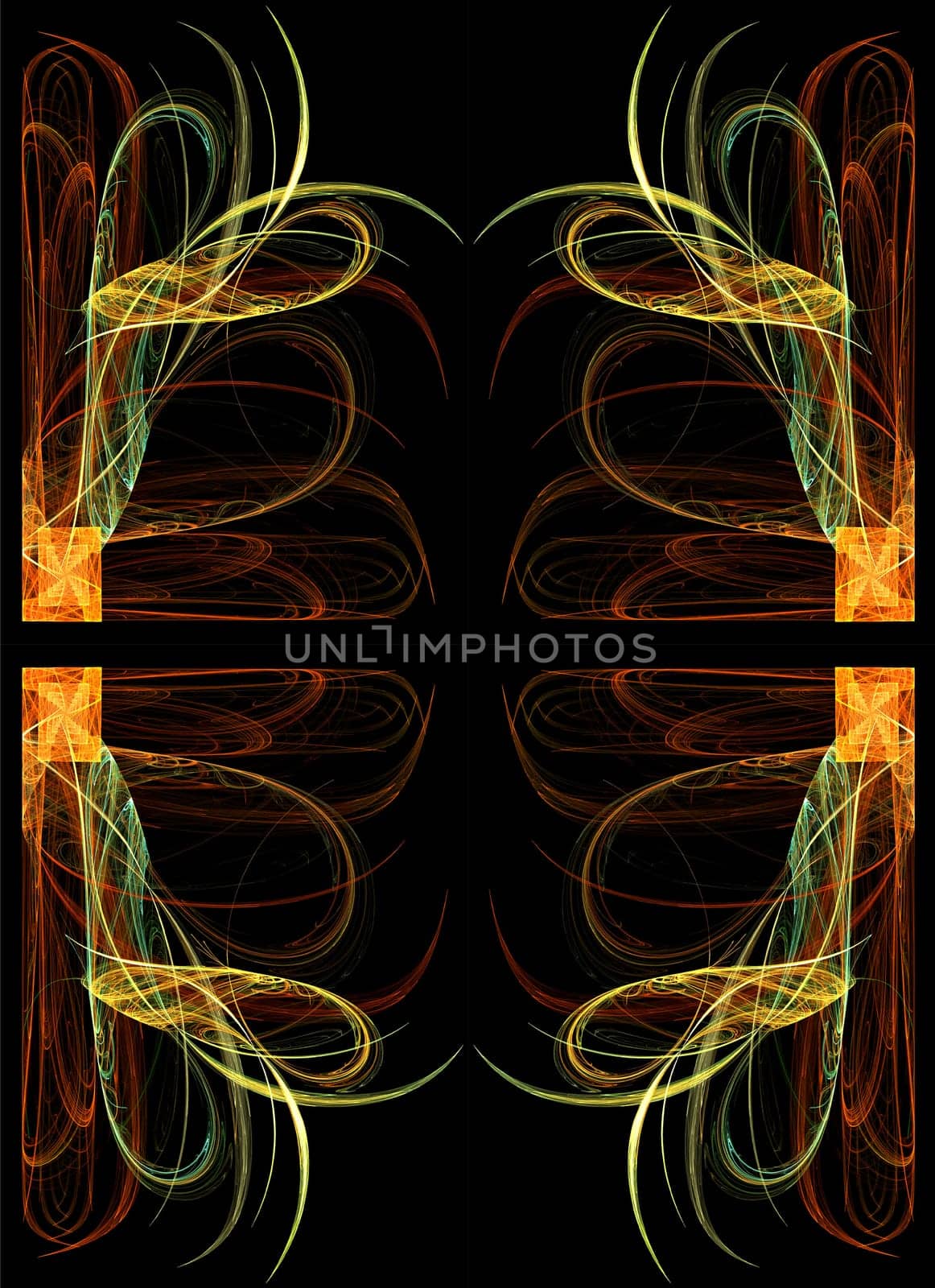 Continuous fractal design in greens, golds and orange on a black background.