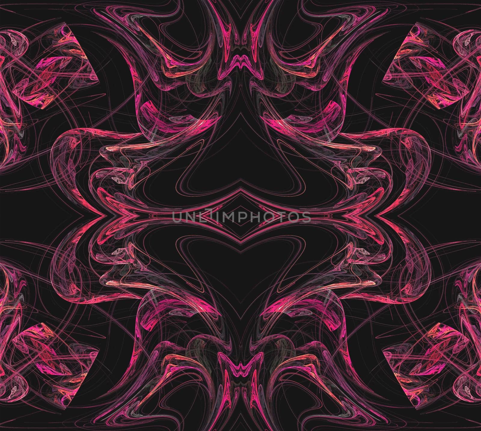 Continuous fractal textile pattern in pinks on a black background.