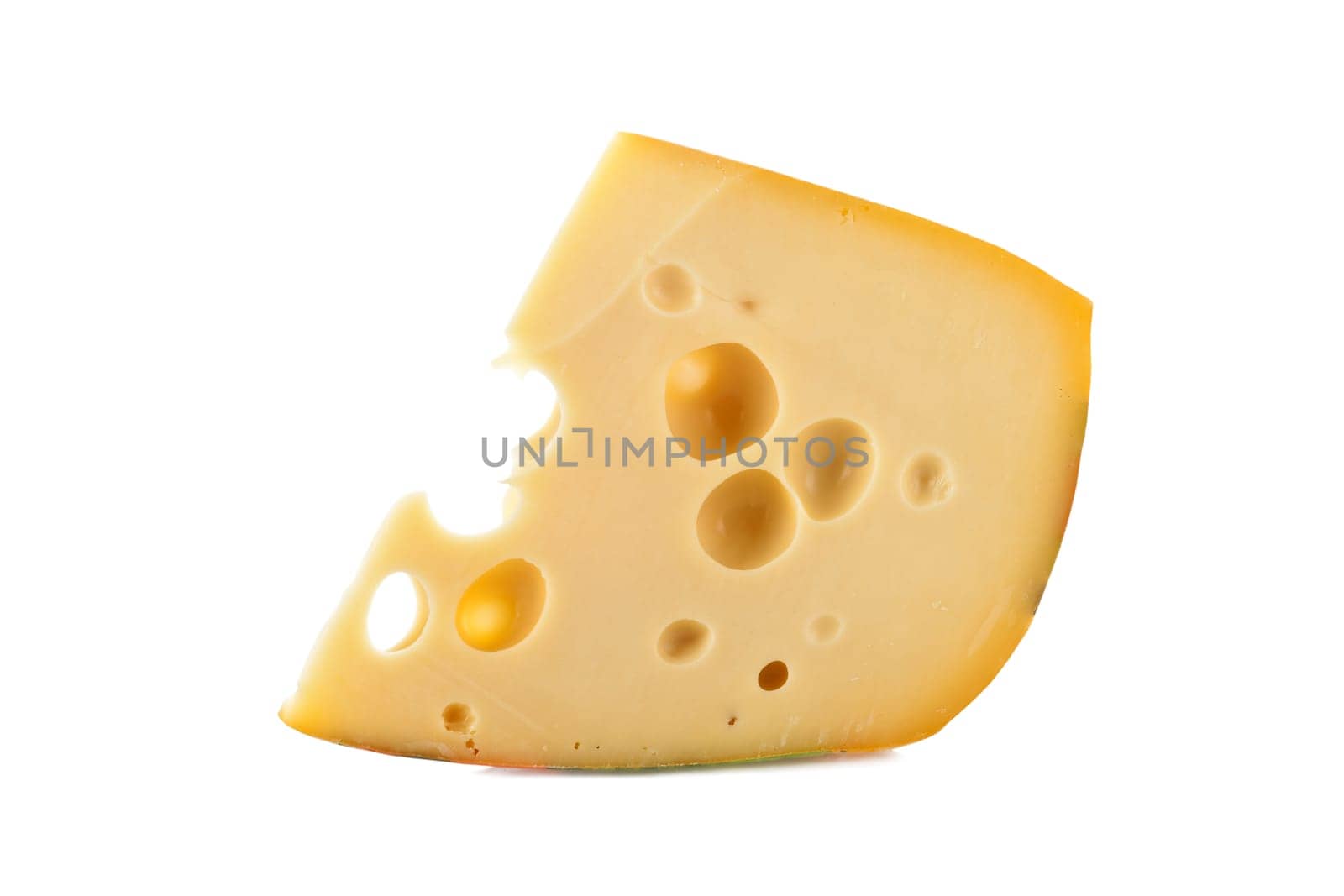 close-up of cheese with holes isolated on white background