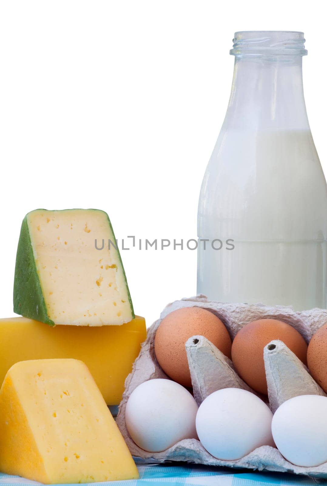 Fresh eggs, Cheese and Buttle Milk isolated on white