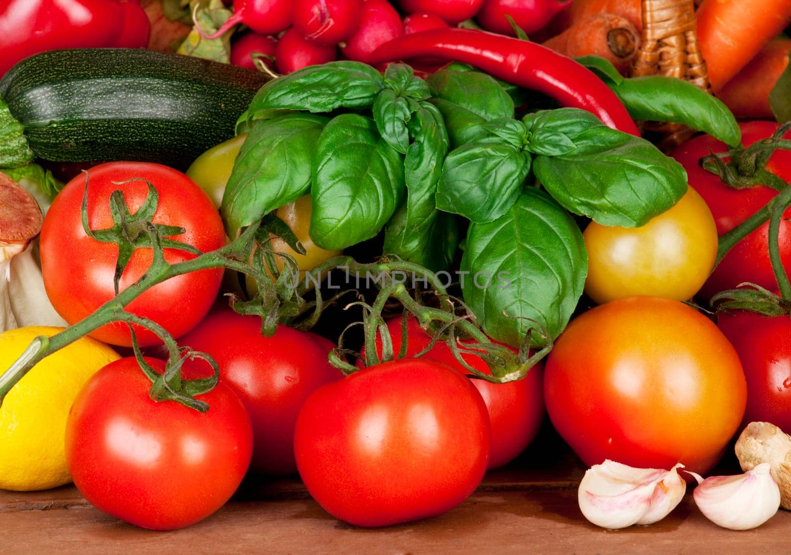 Fresh garden vegetables on garden table
