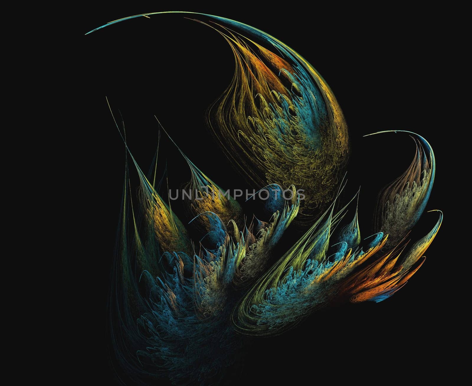 Fractal in multi-colored shades of orange and teal in the shape of flower buds with a feather texture.