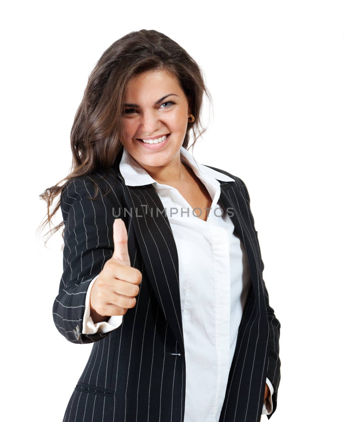 Business young woman gives the thumbs up.