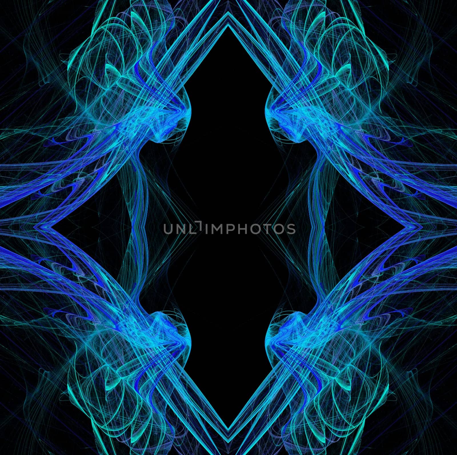 Diamond shaped continuous fractal pattern in blue and teal on a black background.