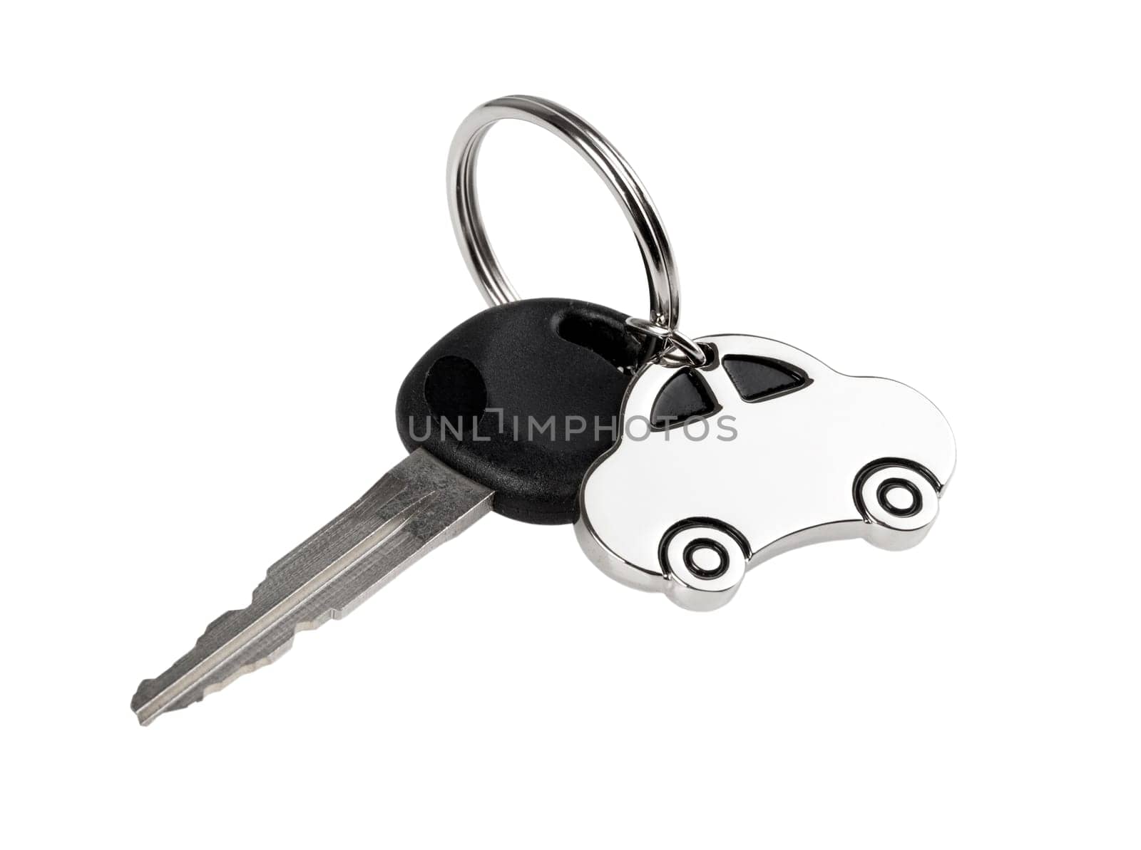 A silver car on a key ring isolated on white background