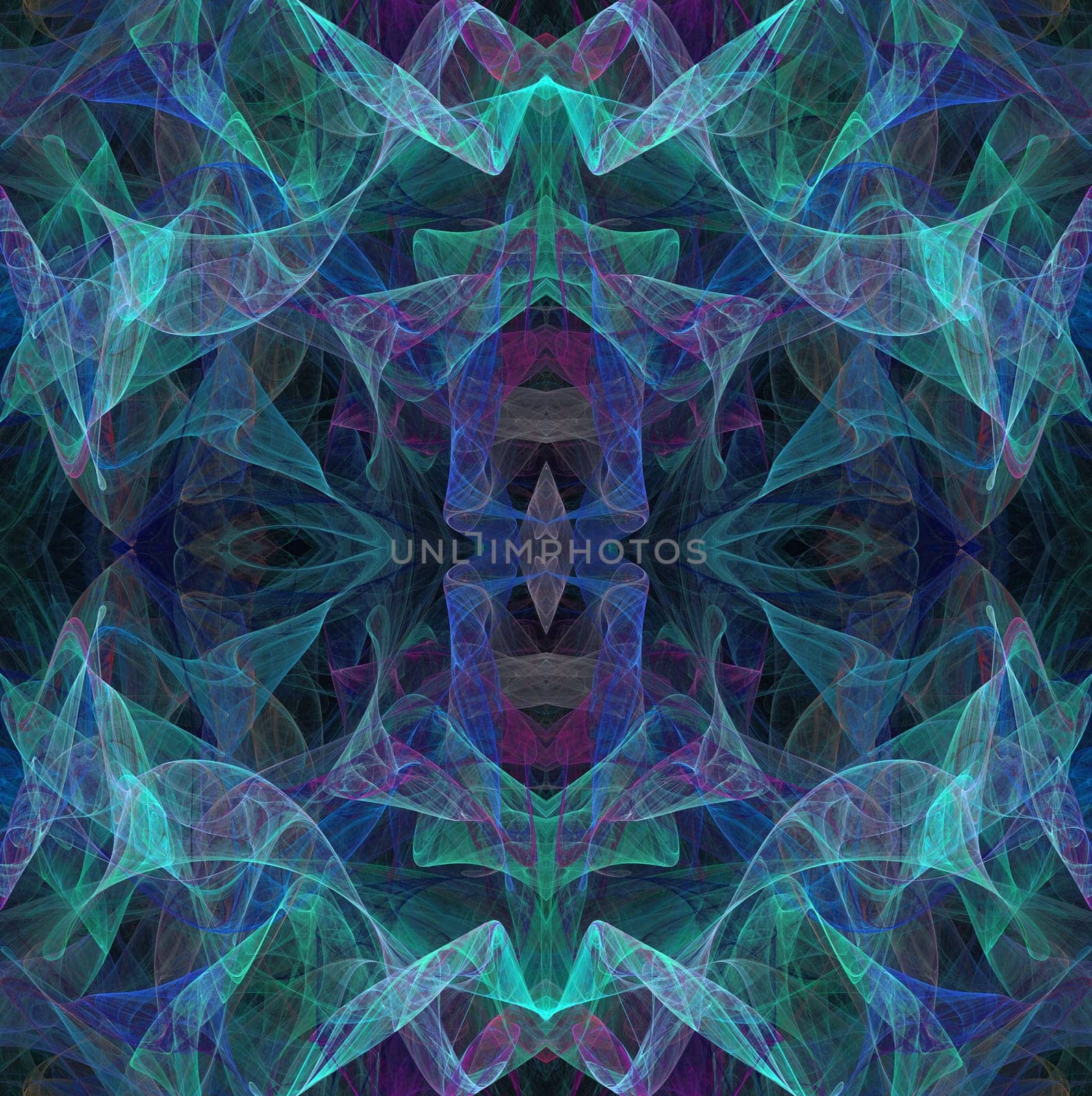 Transparent fractal layers of teal, blue and pink in a continuous textile style pattern or background.