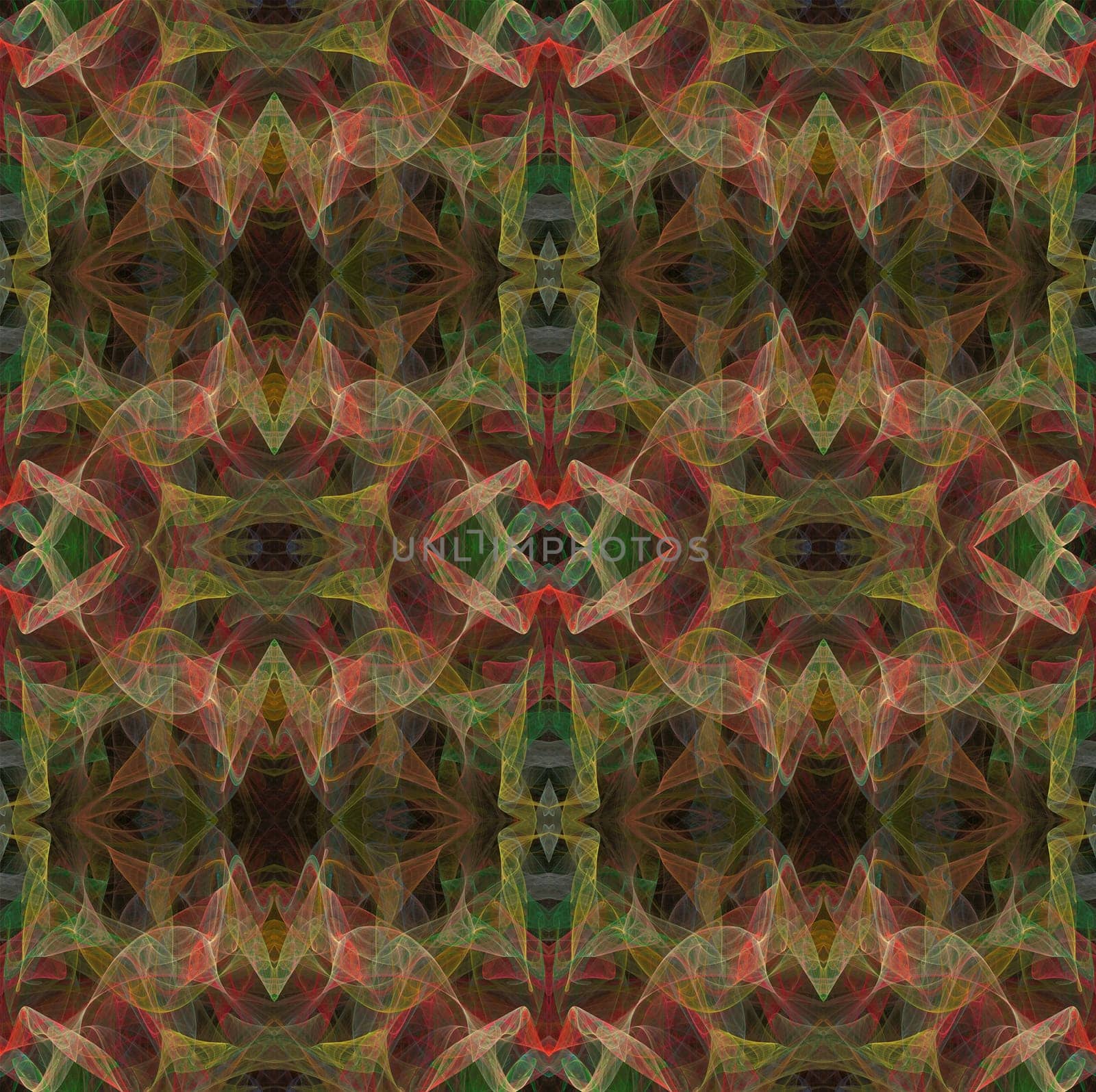 Seamless, continuous, repeating fractal pattern in Pink and Green transparent layers.
